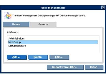 Deleting groups 1. Select the name of the group to be deleted in the All Groups list on the Groups tab. Figure 9-10 User Management dialog Deleting a group 2.