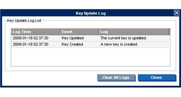 Figure 9-24 Key Update Log In the Key Update Log List you can view all the log times and events. You can remove all the logs by clicking the Clear All Logs button.