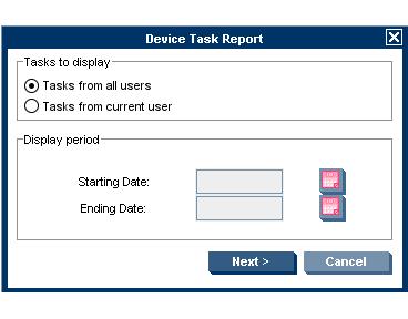 3. Select the appropriate options in the Device Task Report dialog and click Next >.