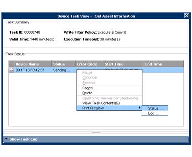 Select a task from the Device Task View dialog, right-click and select Print Preview > Status.