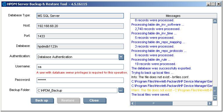 2. The following dialog will be shown: Figure 12-1 HPDM Server Backup & Restore Tool In this dialog, the values of Database Type, Host, Port, and Database are shared with the HPDM Server s