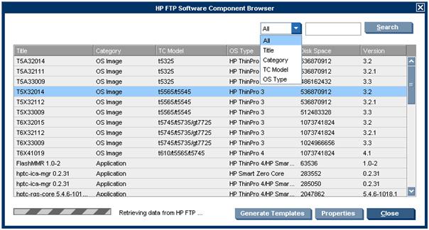 2. The dialog will retrieve image and application component information from the HP FTP server.