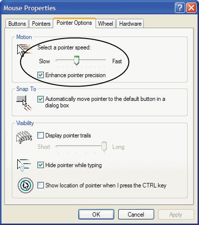 b) Click the Pointer Options tab c) Set the mouse speed to the middle position (6 units in from the left) d) Disable Enhance Pointer Precision 3.