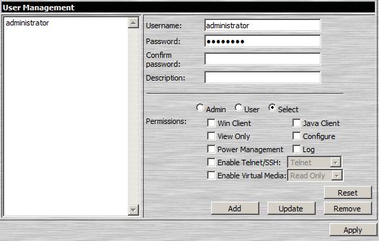 4. Administration User Management The User Management page is used to create and manage user profiles. Up to 64 user profiles can be established.