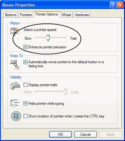 2. Windows XP / Windows Server 2003: a) Open the Mouse Properties dialog box (Control Panel Mouse) b) Click the Pointer Options tab c) Set the mouse speed to the middle position (6 units in from the