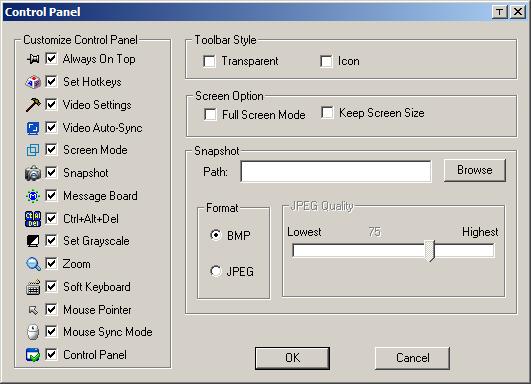 Chapter 4. Logging In Control Panel Configuration Once a connection to the KN2132 / KN4116 / KN4132 has been established, a Control Panel entry appears on the Connection Screen s Tools menu.