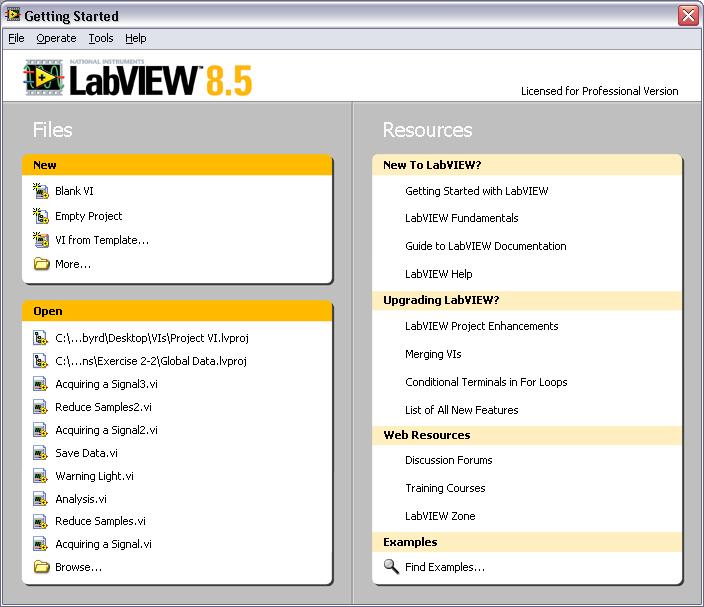 5» LabVIEW The Getting Started window is used to create new VIs, view the most recently opened LabVIEW files, find examples, and launch the LabVIEW Help.