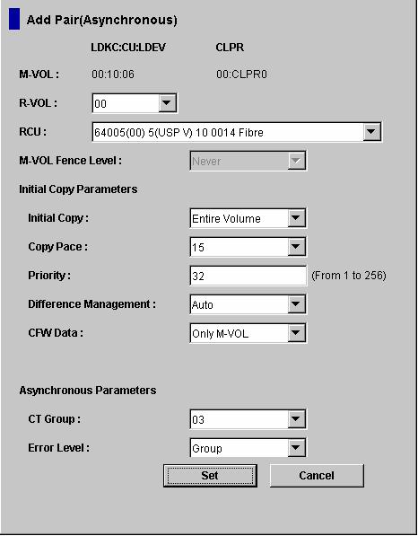 Figure 6-2 Add Pair Dialog Box for Asynchronous Pairs M-VOL: Displays the LDKC number, CU image number, LDEV ID, CLPR number, and CLPR name of the selected LVI(s).