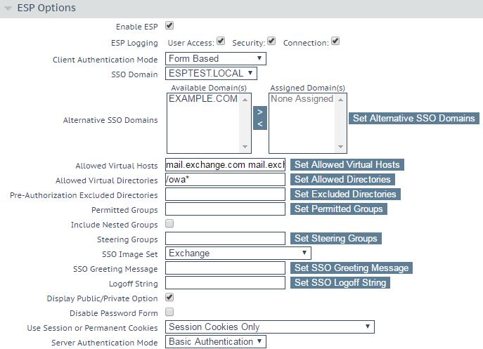 Figure 4-22: ESP Options Expand the ESP Options section. Select Enable ESP. Select the relevant SSO Domain. Enter any required Allowed Virtual Hosts and click Set Allowed Virtual Hosts.