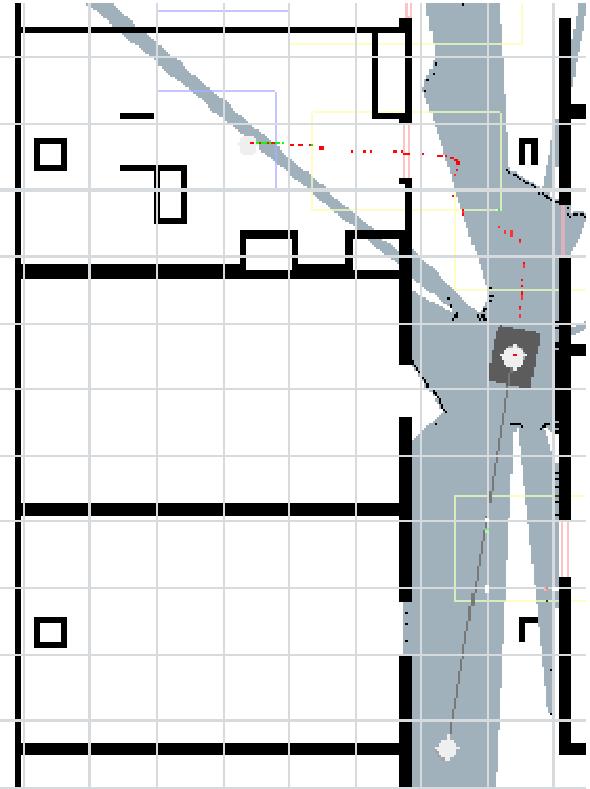 The middle figure shows, that the VRS (blue) is aware of the obstacles due to the PMD camera s sensor data (red points) and the ND obstacle avoidance navigates the robot around the wastebins (right).