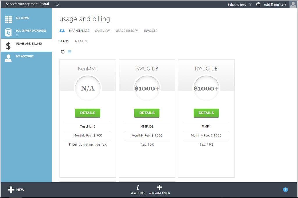 Once the pricing profile is linked to a public plan (Refer Adding Cloud Assert Usage and Billing Service to a WAP Plan), the tenant portal Usage and Billing extension would look like the following