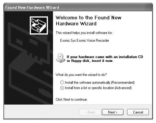 3) When standing by, the hardware wizard window appears on the