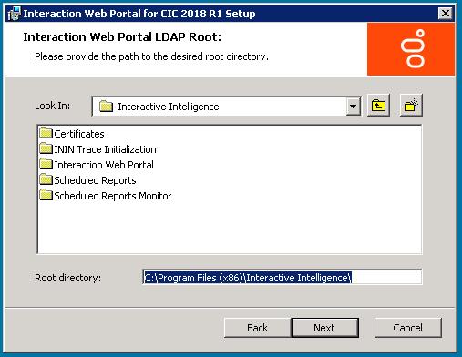 14. Click Next. The Interaction Web Portal LDAP Root dialog box appears. 15. Leave the current settings and click Next.