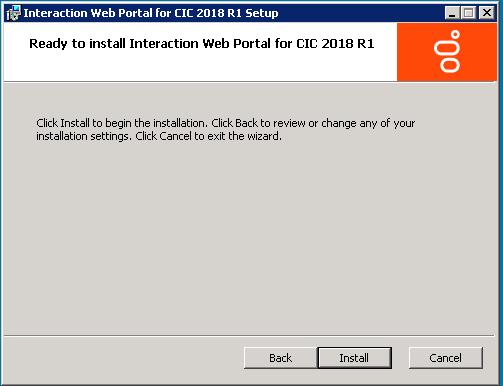 The Installing Interaction Web Portal dialog box appears. It displays a Status bar and messages as the installation progresses. 17.