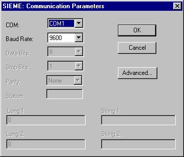 The SIEME: Communication Parameters dialog displays: SIEME: Communication Parameters Dialog 4. Verify the COM and Baud Rate settings, and change them if necessary. 5. Click OK to close the dialog.