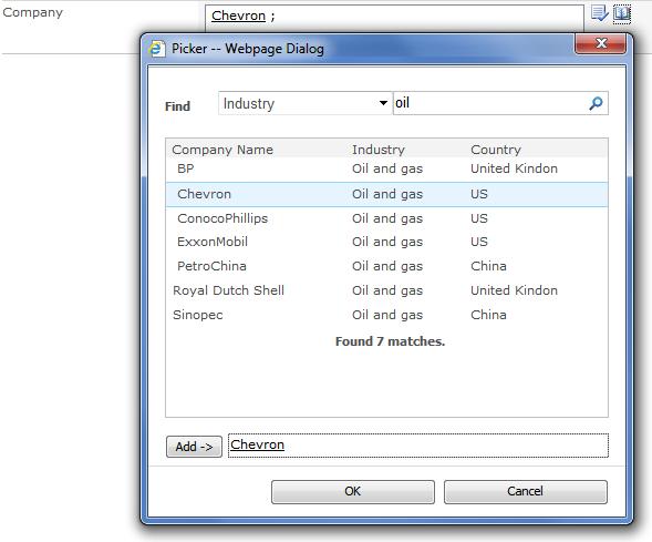 f. Drop-Down Check Boxes displays values selectable by check boxes in drop-down menu. g. Picker Dialog represents a dialog box in which user can find and select items from source list.