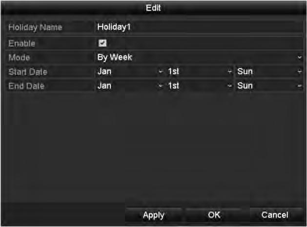 3) Select Mode from the dropdown list. There are three different modes for the date format to configure holiday schedule. 4) Set the start and end date. 5) Click Apply to save settings.