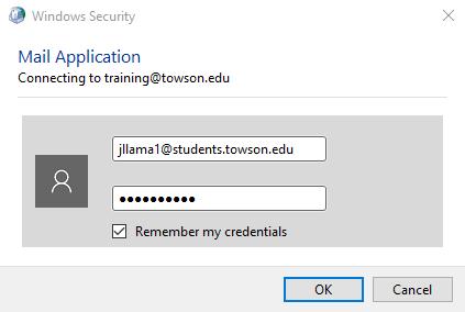 Remove the maildrop email address and enter your primary Towson email address and Password in the designated boxes in the dialog box and click OK. Figure 12 14.