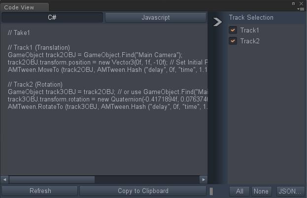 5.3 Code View The Code View generates all of the C# or Javascript code necessary to play a take.