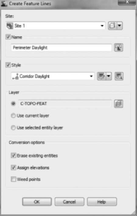CREATING FEATURE LINES Feature lines originate from four sources: drawn, converted entities, an alignment, and from a corridor. The four icons on the Feature Lines toolbar s left create feature lines.