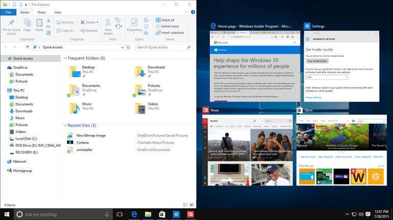 Advanced Features Multitasking Snap windows With Windows 10 you can have up to four programs snapped on the same screen; Windows will even suggest how to fill the gaps with other open apps and