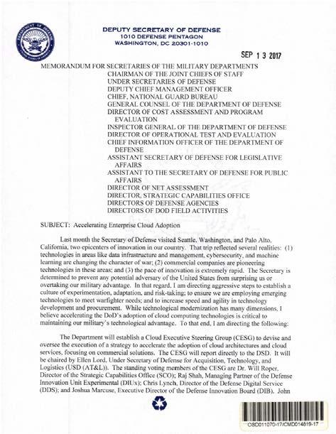 Deputy Secretary of Defense Memo Sep 13 th, 2017 by Deputy Secretary of Defense Creates the Cloud Enterprise Steering Group (CESG) Two phase approach Phase 1: Resolve