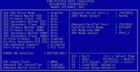 BIOS SETUP 32 3.8 Integrated Peripherals This option will load the default BIOS values. Choose the option and the following message appears.