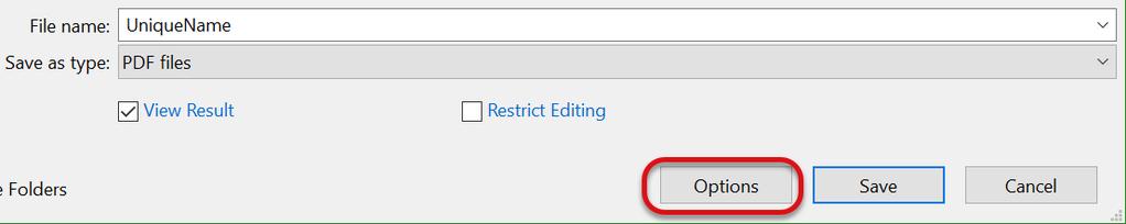 Before saving the PDF, it is recommended to look at the options on the Options button, which is located next to