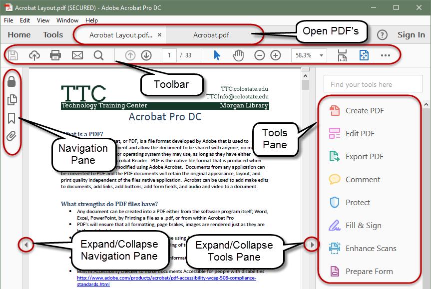 Acrobat DC Layout After a file is opened in acrobat, open files in Acrobat will be located in tabs on the top of the window, similar to tabs in a web browser.