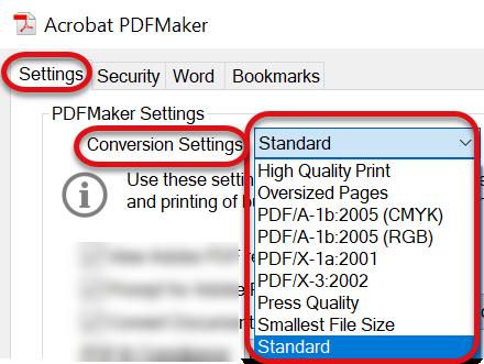 Settings On the top of the settings tab is a Conversion Settings dropdown that sets how the content in the file gets converted to a PDF.
