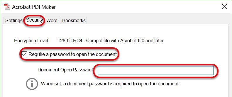 Security The Security Tab will allow a password to be typed to open a PDF as well as restrictions to be set on the type of editing that can be done to a PDF, or if printing the PDF is allowed.