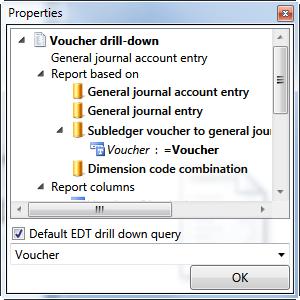 From the pull-down menu, choose Saved query -> Properties 6. Tick to select Default EDT drill down query 7. Use the drop-down to select Voucher 8.