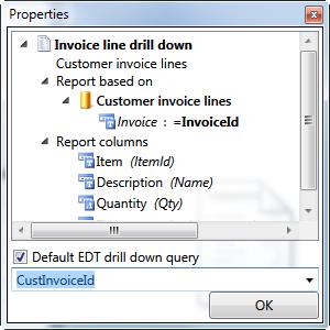 Right-click and choose Properties 24. Tick to select Default EDT drill down query 25. Use the drop-down to select CustInvoiceId 26. Click OK 27. Select cell D10 (1102) 28.