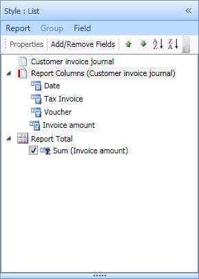 Structured reporting functions 16. Click to select the Report Columns (Customer invoice journal) node 17. Click the Add/Remove fields button 18.