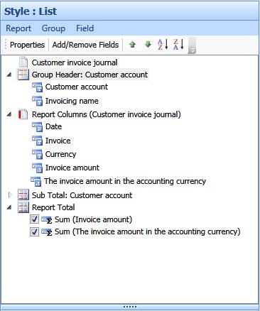 Structured reporting functions Figure 42 Group settings in the output pane 21. Click to select the Group Header: Customer account node 22.