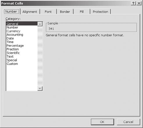Formatting Worksheets :: 145 Fig. 7.5 There are six tabs in Format Cells dialog box: Number, Alignment, Font, Border, Patterns, and Protection. 7.4 FORMATTING CELLS USING DIALOG BOX 7.4.1 Number tab The data type can be selected from the options on this tab.