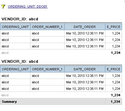 3. Add these query items to the report: ORDERING_UNIT, VENDOR_ID, ORDER_NUMBER_1, DATE_ORDER, E_PRICE. 4. Create a filter on ORDERING_UNIT for: DDO01 5. Create sections by vendor.