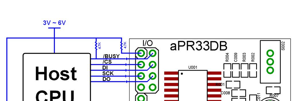 EXAMPLE The apr33db is one of the simplest solutions for achieve serial command mode demo. The circuit board already includes the peripheral circuit which containing microphone.