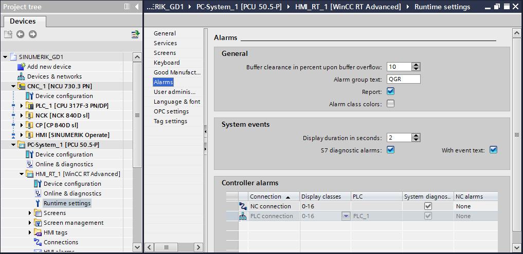 Configuring alarms 7.3 Configuring DB2 alarms 7.3.6 Configuring runtime settings Requirement A PC system with WinCC RT Advanced or a SIMATIC Panel has been added.