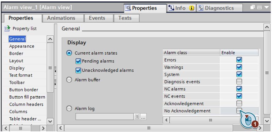 Configuring alarms 7.3 Configuring DB2 alarms 3. In the Inspector window "Properties > General", activate the "No Acknowledgement" check box.