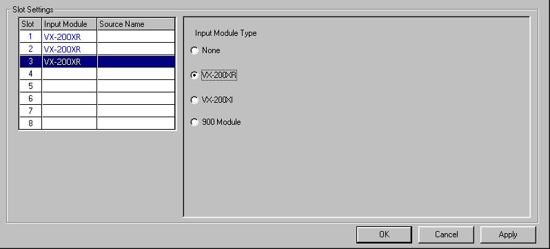 Chapter 7: PC SOFTWARE OFFLINE SETTINGS 7. CONFIGURATION SETTING MODE Step 6. Select the type of input modules to be used with the VX-2000. 6-1. Select and click the corresponding slots to be used.