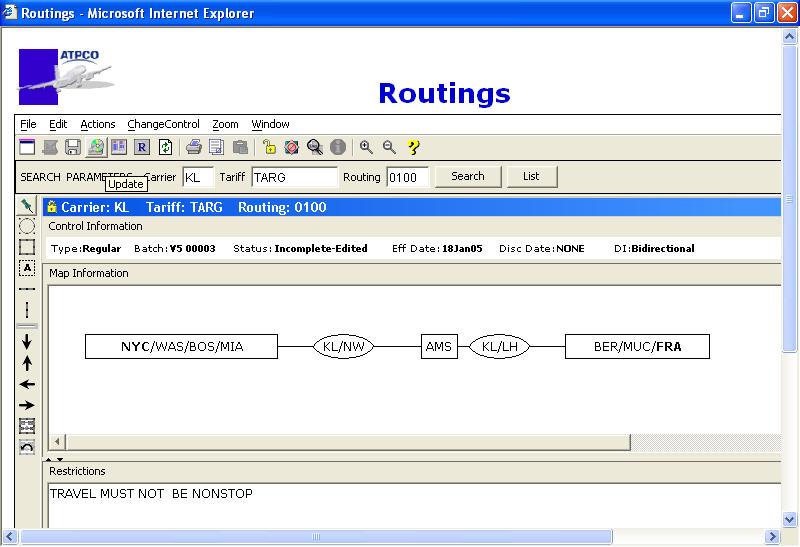 Modifying Routing Maps Step 7. A FareManager Routings screen will appear. Click. Figure 76 Successful storage of new data Step 8.