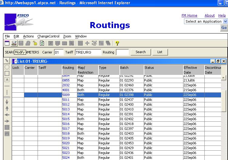 Routings List screen.