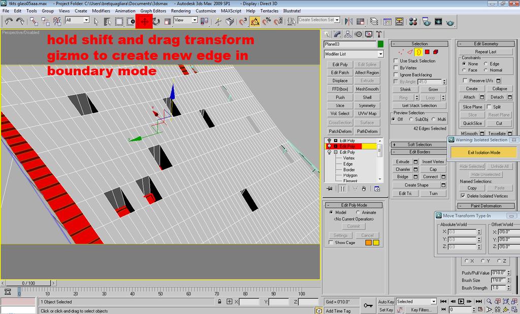 Hit 3 to toggle boundary mode. Select the bounding edges of the holes that were just created.