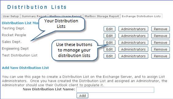 Figure 22 Outlook Address Books The Distribution List Management Section displays any existing lists, controls to edit or remove the lists, and a control to edit the List