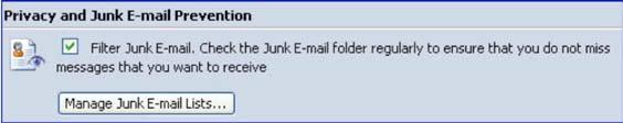3 Configuring Junk Mail Settings Scroll down the Options page to the Privacy and Junk E-mail Prevention section Figure 31 Outlook Web