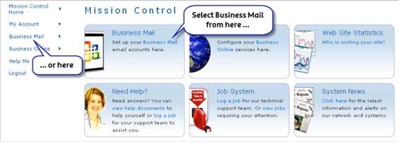 2.1 Accessing the User Mailbox Screens 03 USING MISSION CONTROL 2.1.2 Selecting Business Mail To go to the User Mailbox screens, select Business Mail from the Mission Control screen.