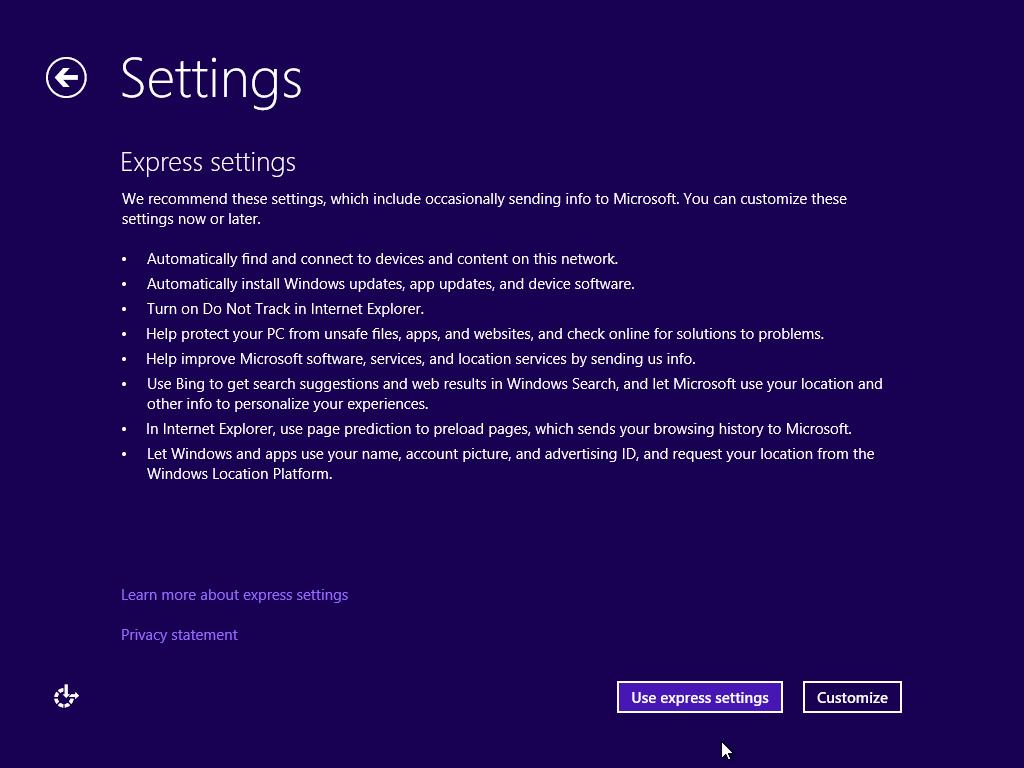 b. The Settings screen displays. At this screen, you can click Customize to configure the settings, such as Windows Update, according to your preference.