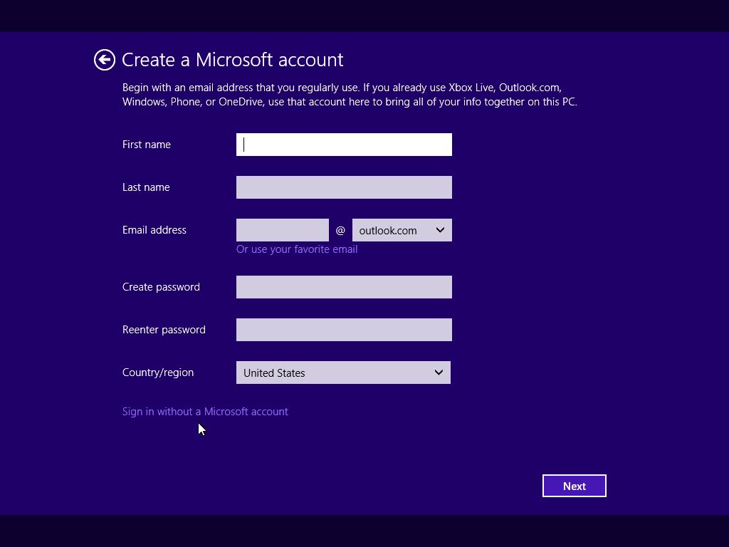 b. On the Create a Microsoft account screen, do not fill in the information.