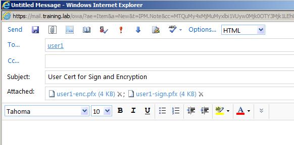 Send Certificates through Email When all certificates are exported in PFX format, we will use Outlook Web Access (OWA) to send them through email.